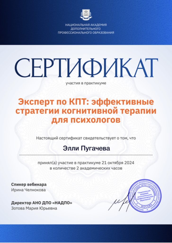 Центр содействия развитию детей и молодежи город Москва. Когнитивная терапия. Пугачева Элли Владимировна