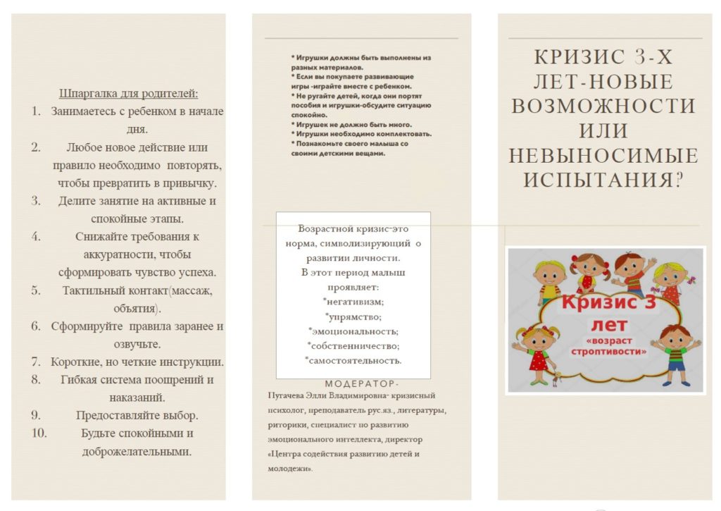 Центр содействия развитию детей и молодежи город Москва. Кризис 3-х лет - памятка для родителей. Пугачева Элли Владимировна